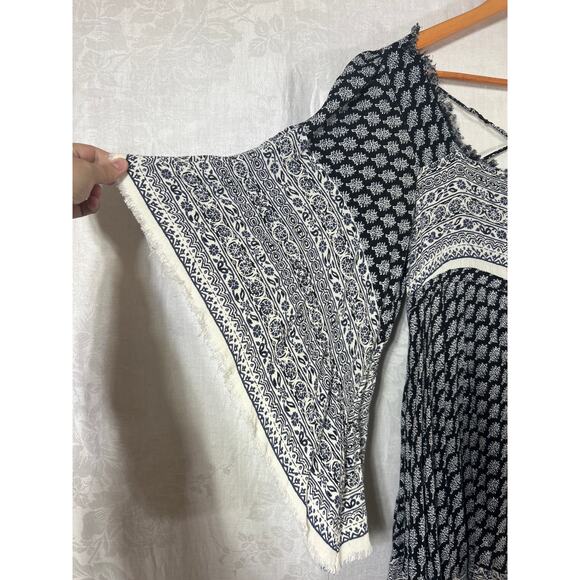 Free People Mini Dress Small PETITE Black Blue Flare Sleeve Fringe Heart of Gold - Picture 3 of 12